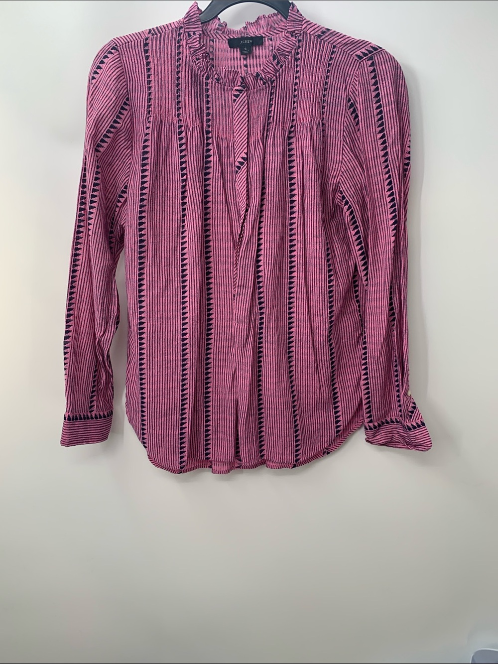 J. Crew Women's Ruffle Neck Classic Popover Pink & Navy Shirt Size S
